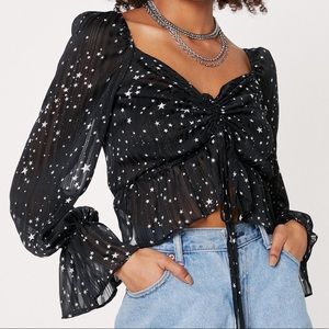 Ruched Tie Front Star Print Blouse 6 NWT